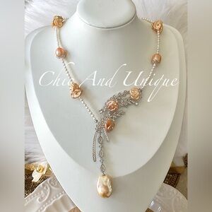 N4-Handmade Natural Freshwater Pearl Peach Pink Edison, Keshi,Flameball Necklace